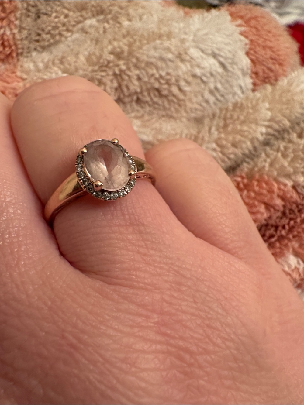 10K Gold Ring with Pink Oval Stone and Halo